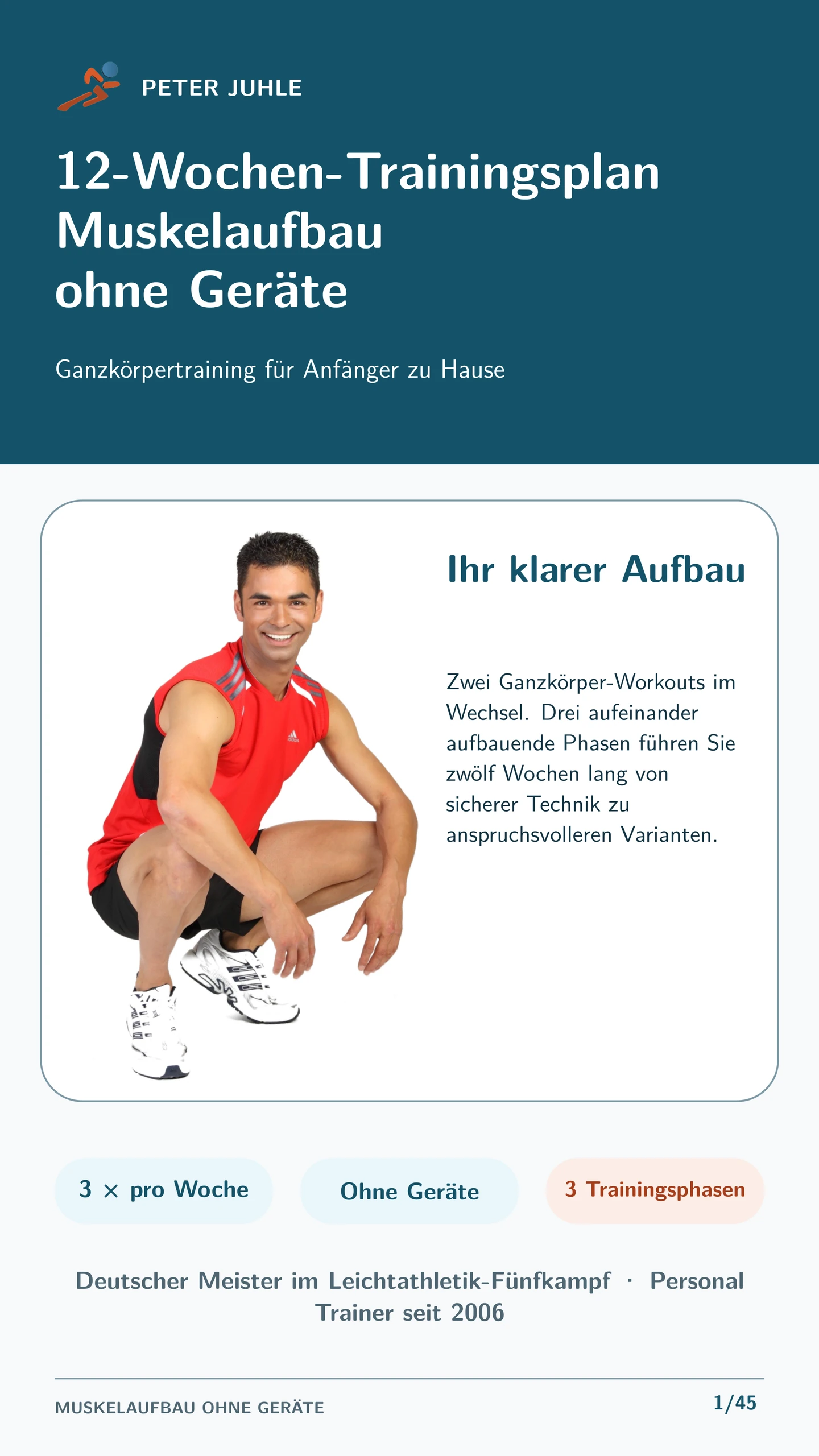 Cover des kostenlosen 12-Wochen-Trainingsplans Muskelaufbau ohne Geräte von Peter Juhle